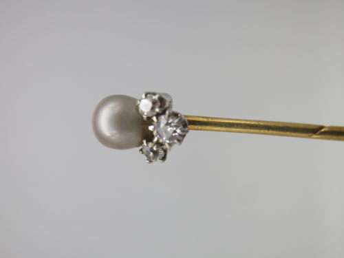 Antique 9ct Yellow Gold Stick pin set with Natural Black Pearl & 3 diamonds. 7cm Beautiful!