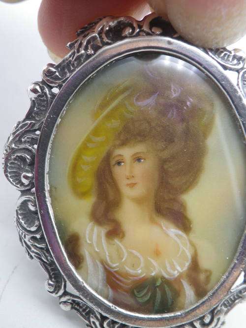 Hallmarked Sterling Silver pendant or brooch with Hand painted Portrait 5 cm x 4cm