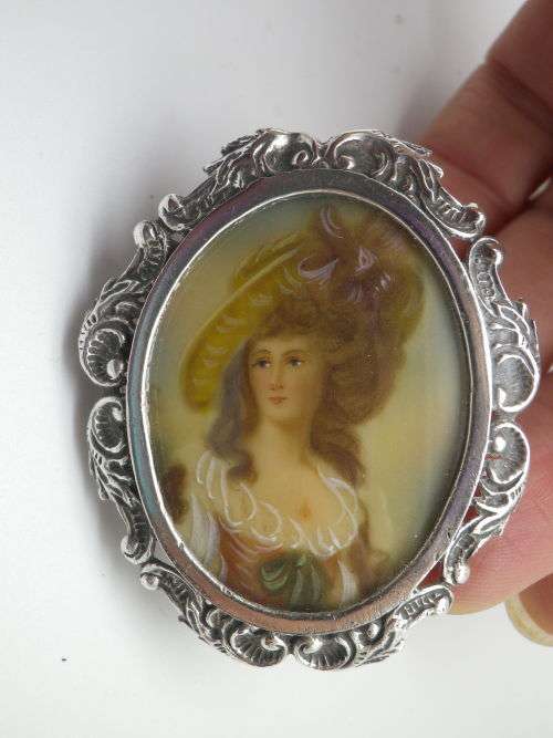 Hallmarked Sterling Silver pendant or brooch with Hand painted Portrait 5 cm x 4cm