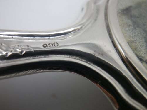 Miniature Antique 800 Silver Hand held Ornate Travel Pocket Mirror. Probably German.