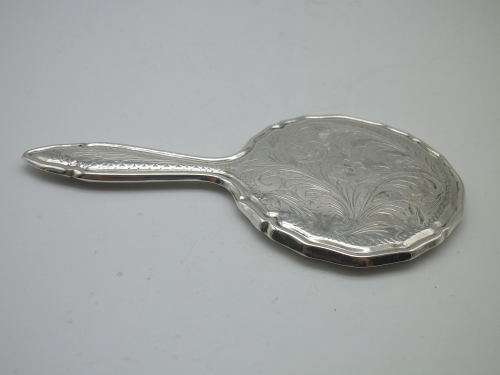 Miniature Antique 800 Silver Hand held Ornate Travel Pocket Mirror. Probably German.