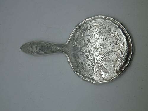Miniature Antique 800 Silver Hand held Ornate Travel Pocket Mirror. Probably German.