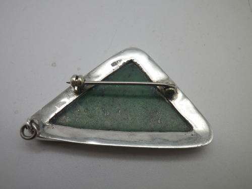 Sterling Silver & Green Semi Precious Stone Triangular pendant (or brooch)