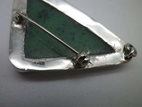 Sterling Silver & Green Semi Precious Stone Triangular pendant (or brooch)