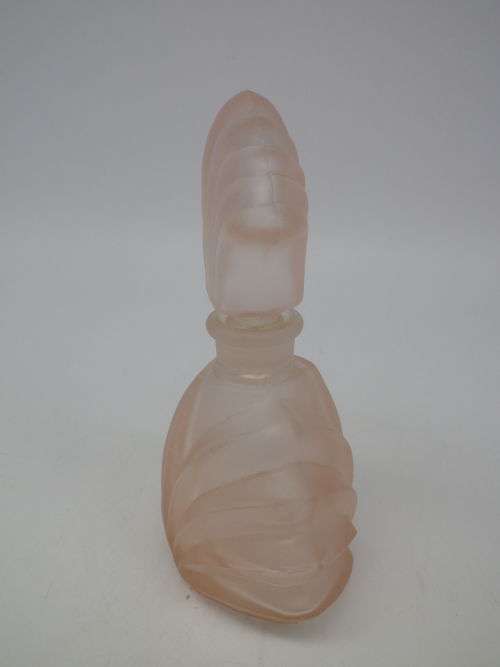 Art Deco Style Dusky Pink Glass Perfume Bottle. 11cm tall. No damage. Charming!
