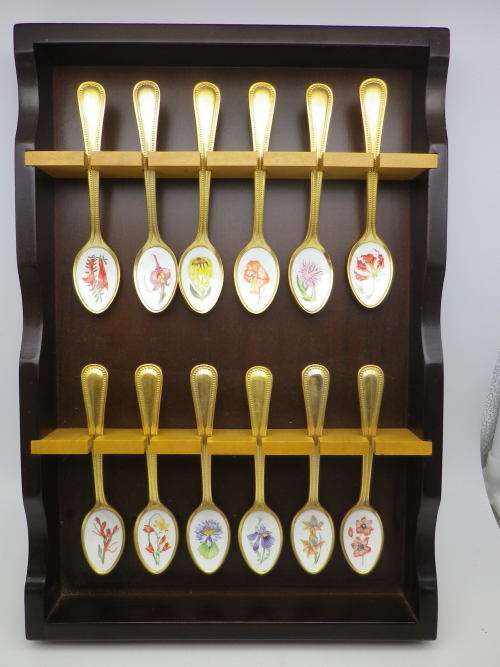 FOR JENNY ONLY PLEASE!! TWELVE 24ct Gold Plated Teaspoons with handpainted SA wild Flowers.