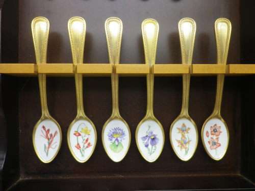 FOR JENNY ONLY PLEASE!! TWELVE 24ct Gold Plated Teaspoons with handpainted SA wild Flowers.