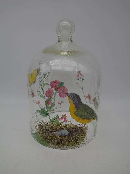 Glass Cloche (dome) with Robin pattern. 19 x 12.5 cm Beautiful!
