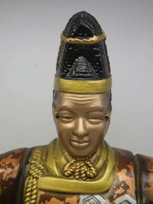 Oriental Masked Actor Painted Metal Figurine, Removeable mask and fan. 32cm