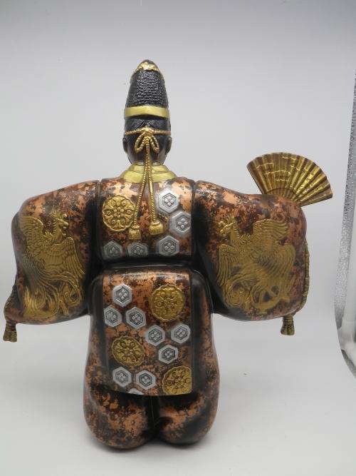 Oriental Masked Actor Painted Metal Figurine, Removeable mask and fan. 32cm