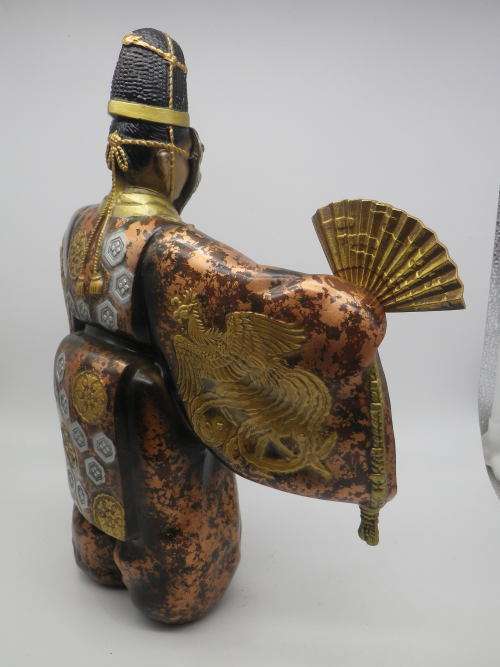 Oriental Masked Actor Painted Metal Figurine, Removeable mask and fan. 32cm