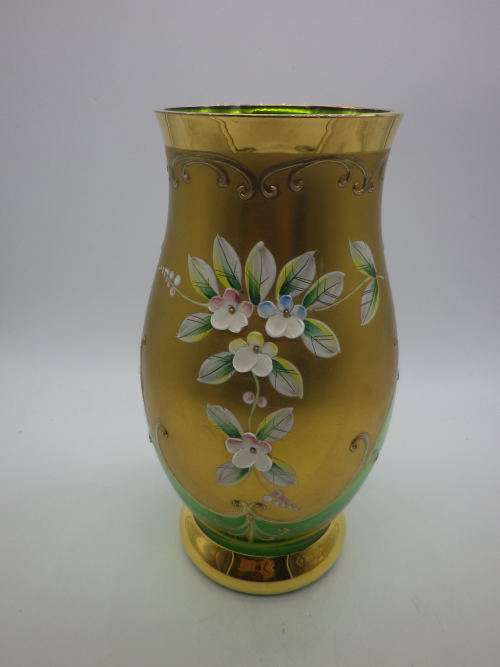 Gorgeous Vintage Venetian Richly Gilded vase with enamel hand painted flowers