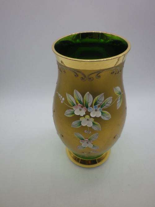 Gorgeous Vintage Venetian Richly Gilded vase with enamel hand painted flowers
