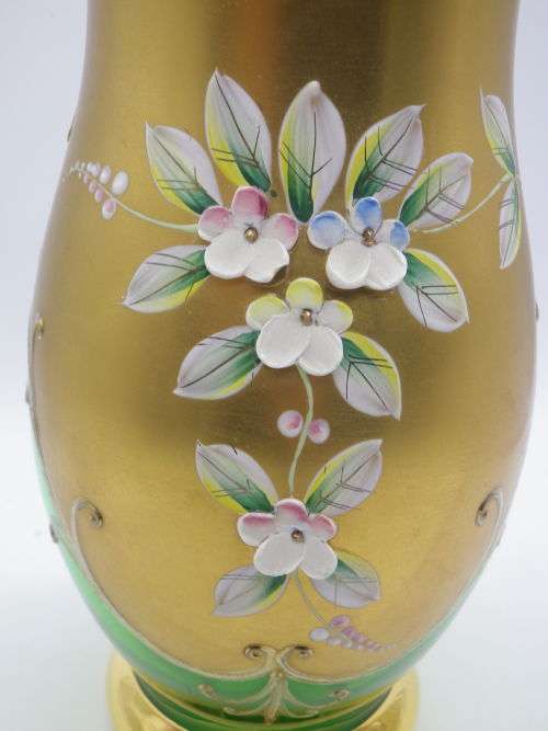 Gorgeous Vintage Venetian Richly Gilded vase with enamel hand painted flowers