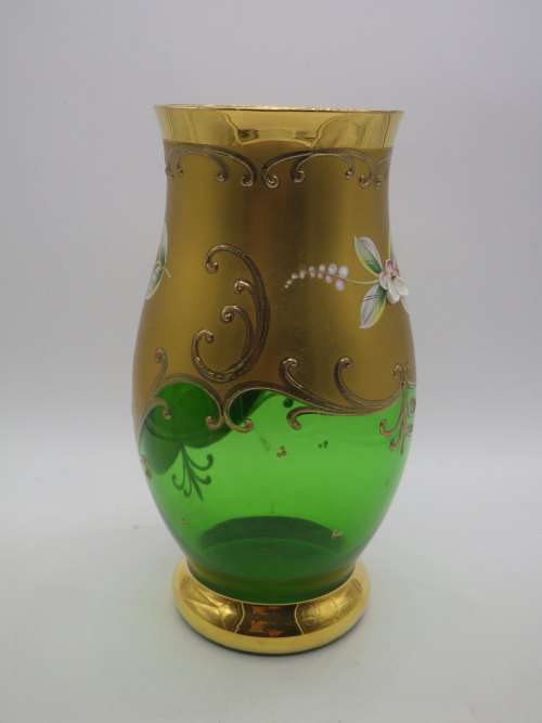 Gorgeous Vintage Venetian Richly Gilded vase with enamel hand painted flowers