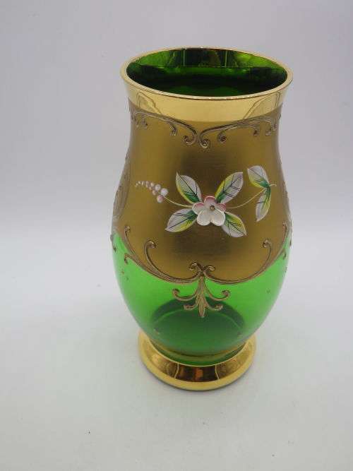 Gorgeous Vintage Venetian Richly Gilded vase with enamel hand painted flowers
