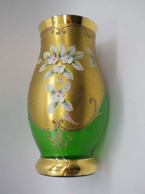 Gorgeous Vintage Venetian Richly Gilded vase with enamel hand painted flowers