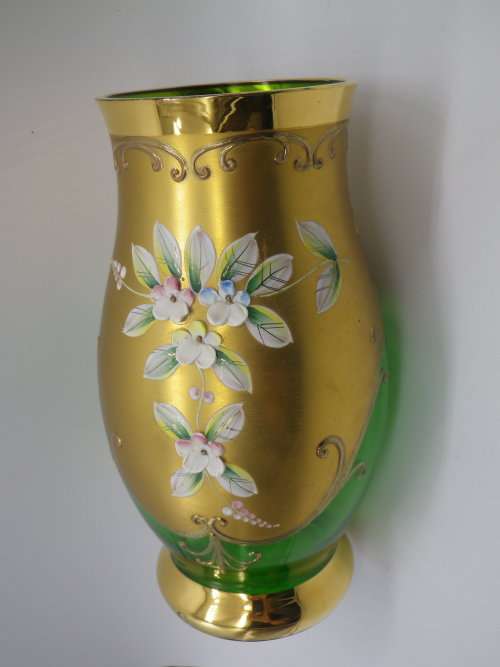 Gorgeous Vintage Venetian Richly Gilded vase with enamel hand painted flowers