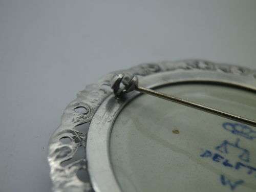 Vintage early 1900s Good Quality Silver Plated and Delft porcelain large round brooch 6.3cm