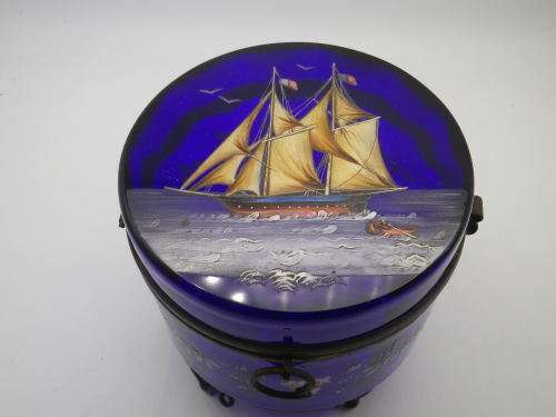 Victorian Cobalt Blue Glass Container - hand painted with enamel