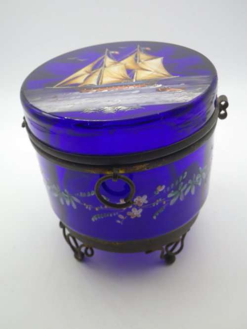 Victorian Cobalt Blue Glass Container - hand painted with enamel