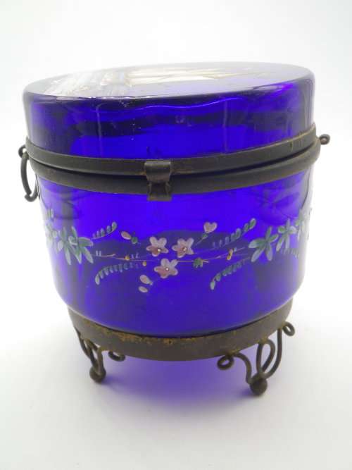 Victorian Cobalt Blue Glass Container - hand painted with enamel