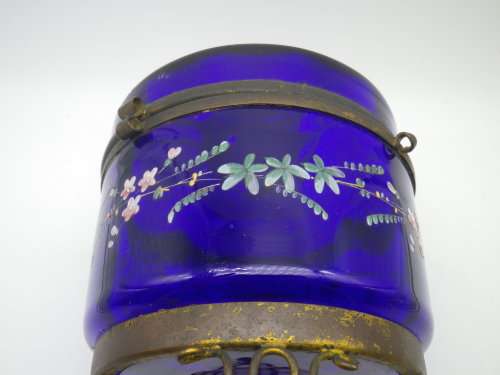 Victorian Cobalt Blue Glass Container - hand painted with enamel