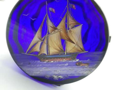 Victorian Cobalt Blue Glass Container - hand painted with enamel