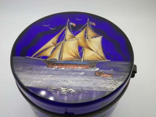 Victorian Cobalt Blue Glass Container - hand painted with enamel