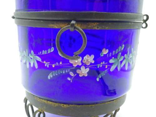 Victorian Cobalt Blue Glass Container - hand painted with enamel