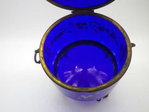 Victorian Cobalt Blue Glass Container - hand painted with enamel