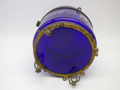 Victorian Cobalt Blue Glass Container - hand painted with enamel