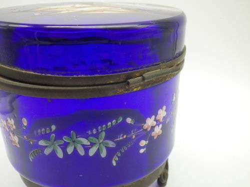 Victorian Cobalt Blue Glass Container - hand painted with enamel