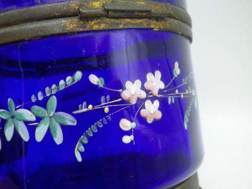 Victorian Cobalt Blue Glass Container - hand painted with enamel