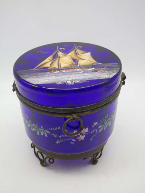 Victorian Cobalt Blue Glass Container - hand painted with enamel