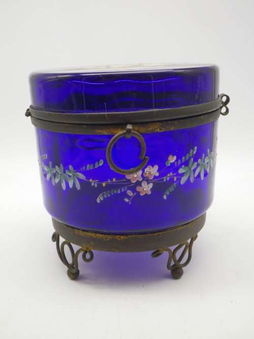 Victorian Cobalt Blue Glass Container - hand painted with enamel