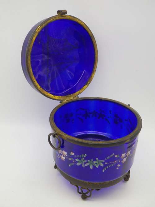 Victorian Cobalt Blue Glass Container - hand painted with enamel