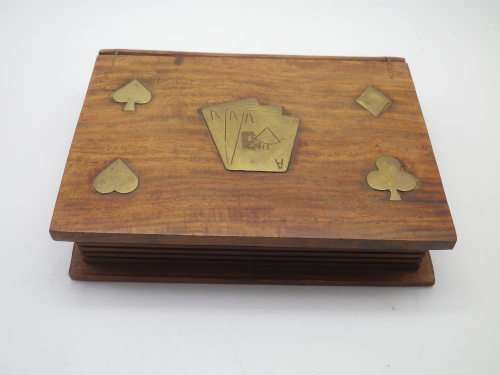 Vintage Wooden Book Shape Double Playing Card Box with Brass inlay