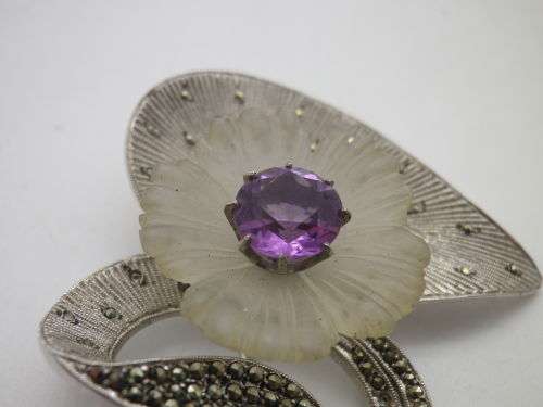 THEODOR FARHNER VINTAGE STERLING SILVER, Amethyst, Marcasite and FROSTED GLASS Brooch