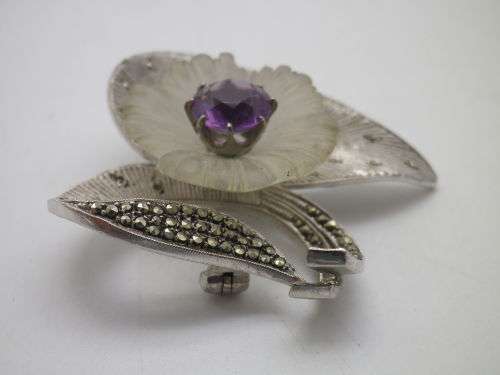 THEODOR FARHNER VINTAGE STERLING SILVER, Amethyst, Marcasite and FROSTED GLASS Brooch