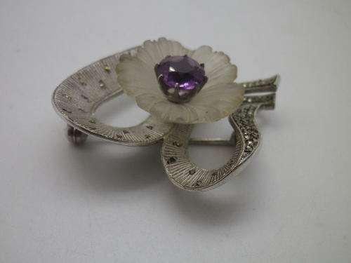 THEODOR FARHNER VINTAGE STERLING SILVER, Amethyst, Marcasite and FROSTED GLASS Brooch