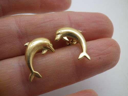 9ct yellow gold DOLPHIN Stud earrings. 2cm WOW!
