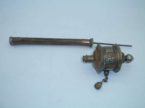 Vintage Tibetan Buddhist Hand Held Spinning Prayer Wheel Original Prayer Scroll. Wood metal & copper