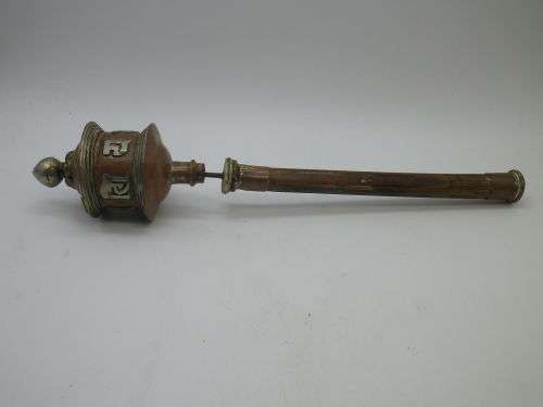 Vintage Tibetan Buddhist Hand Held Spinning Prayer Wheel Original Prayer Scroll. Wood metal & copper