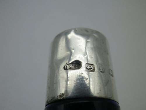 Antique Cobalt Blue Scent perfume bottle. Hallmarked silver lid, B/ham 1892 Hilliard & Thomason 7cm.