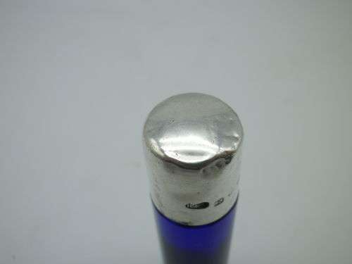 Antique Cobalt Blue Scent perfume bottle. Hallmarked silver lid, B/ham 1892 Hilliard & Thomason 7cm.