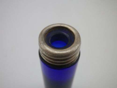 Antique Cobalt Blue Scent perfume bottle. Hallmarked silver lid, B/ham 1892 Hilliard & Thomason 7cm.