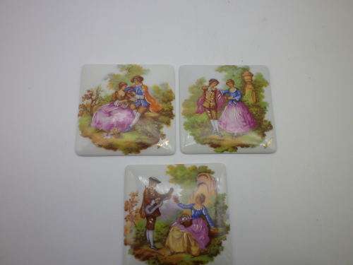 3 Meissner LIMOGES FRANCE small ceramic tiles. Fragonard courting couples.. 6cm