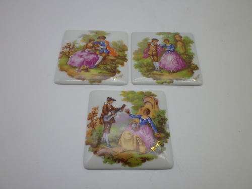 3 Meissner LIMOGES FRANCE small ceramic tiles. Fragonard courting couples.. 6cm
