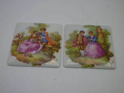 3 Meissner LIMOGES FRANCE small ceramic tiles. Fragonard courting couples.. 6cm